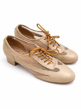 Comfort Practice Net Tan Leather Dance Shoes Lace Up Ballroom Practice Heel